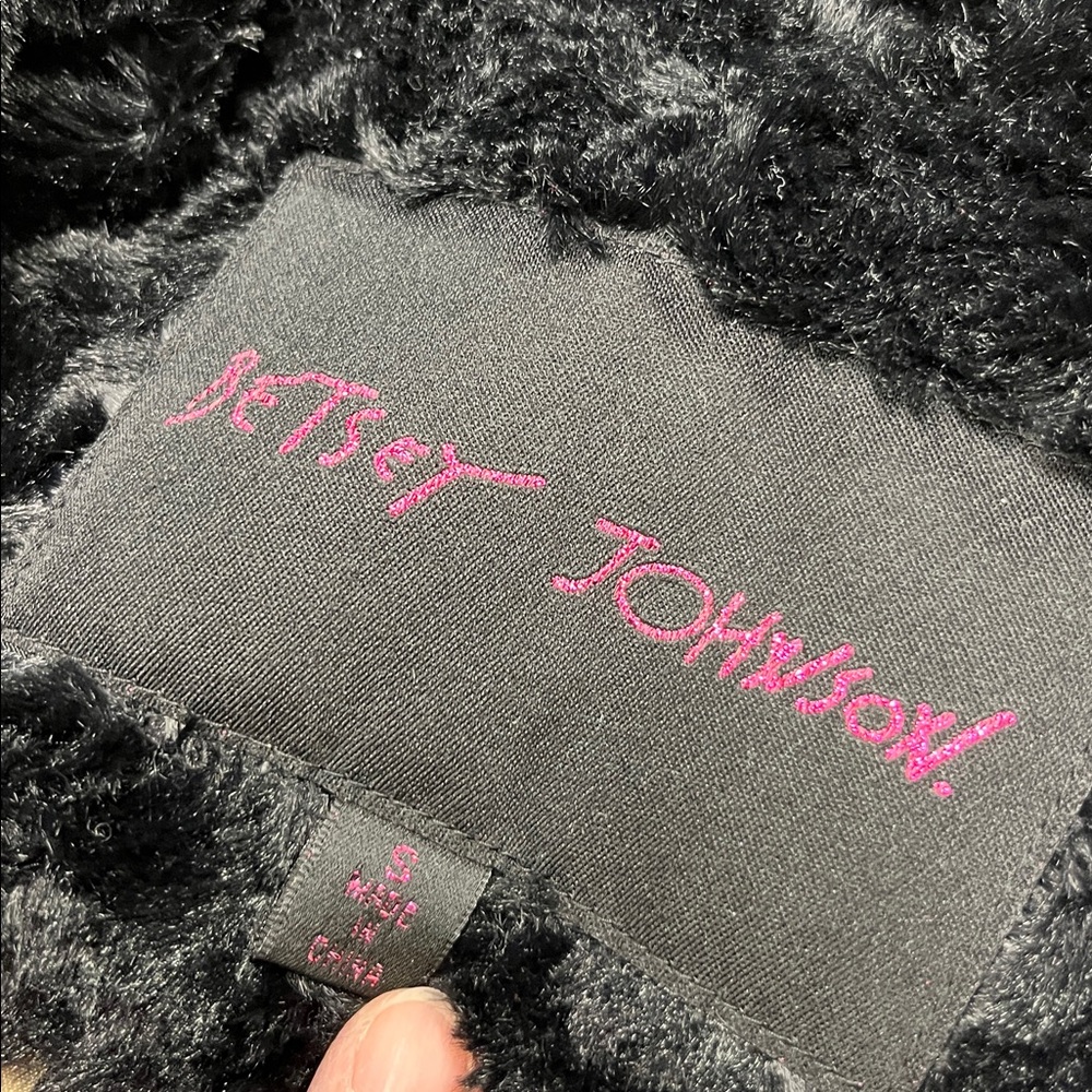 BETSEY JOHNSON Penny Lane Faux Mongolian Fur/Leather Mod Wide Collar BLK Coat S - Picture 3 of 16